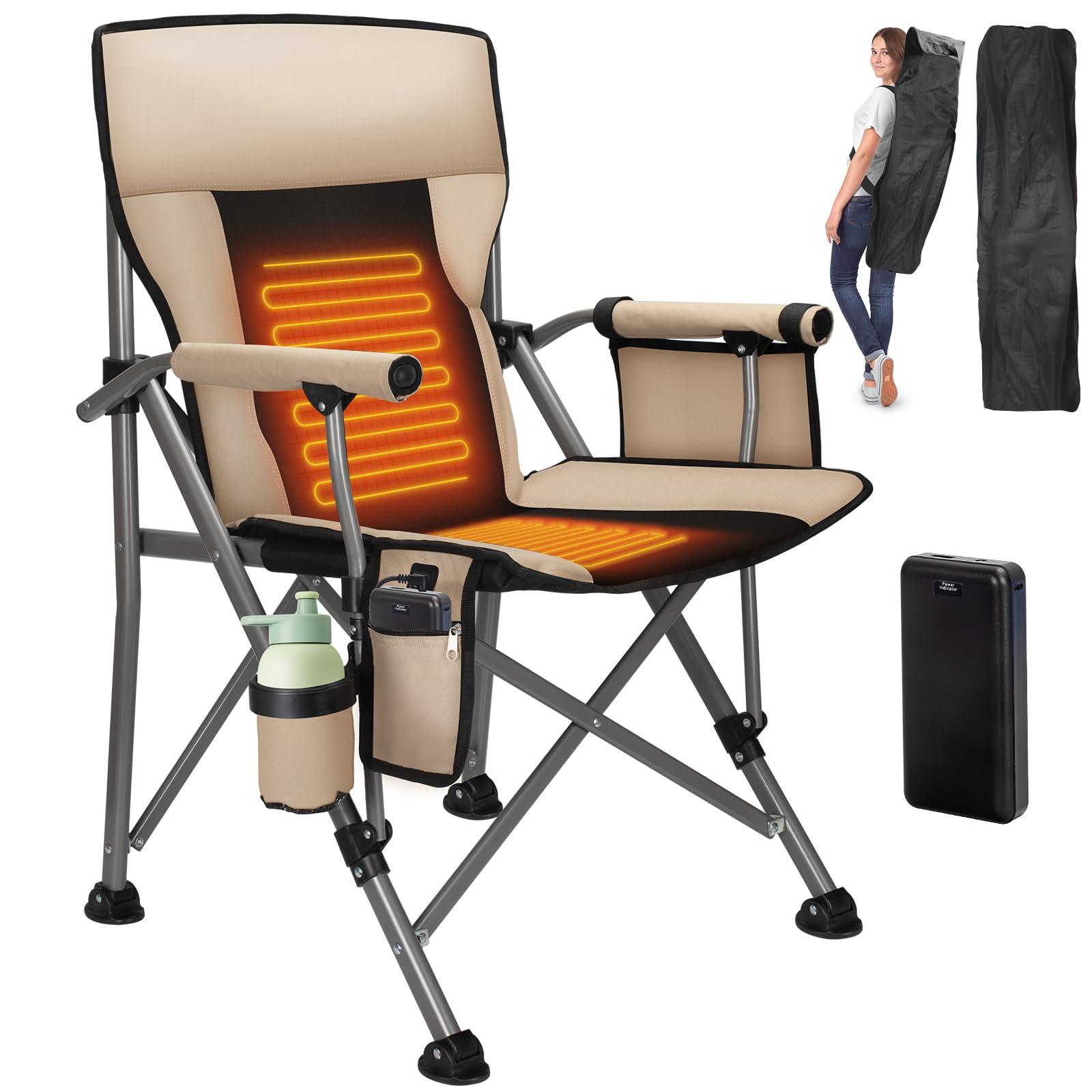 QUYUAN Heated Camping Chair with 20,000mAh Battery - Padded Outdoor Folding Chair, 500-Minute Heating & 500lb Capacity - Perfect for Camping, Hiking, Beach, Picnics & Winter Sports