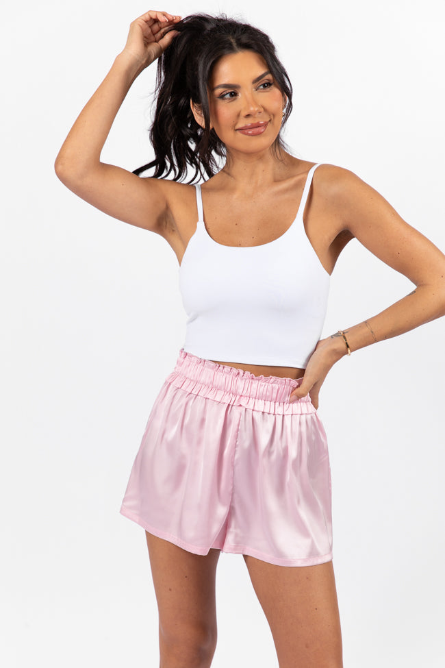 Early Riser Pale Pink Satin Pajama Shorts for Women - Soft & Comfortable Sleepwear - Perfect for Lounging, Sleepovers & Summer Nights