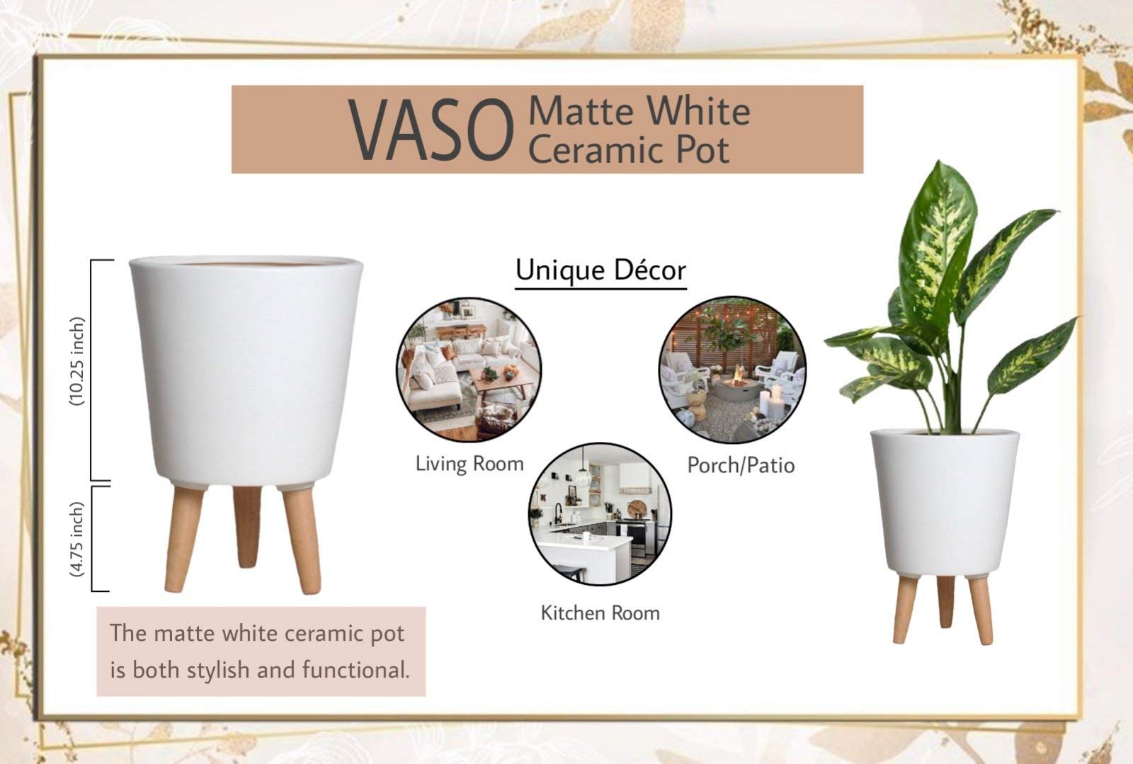 Serene Spaces Matte White Ceramic Plant Pot Holder with Wooden Legs - 15