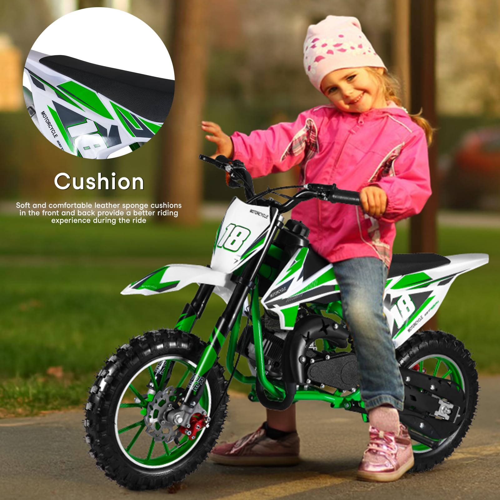 50cc 2-Stroke Kids Dirt Bike - Gas Powered Mini Motorcycle for Off-Road & Motocross - Front & Rear Disc Brakes - Green - Perfect for Backyard Riding, Trail Adventures & Youth Racing Practice