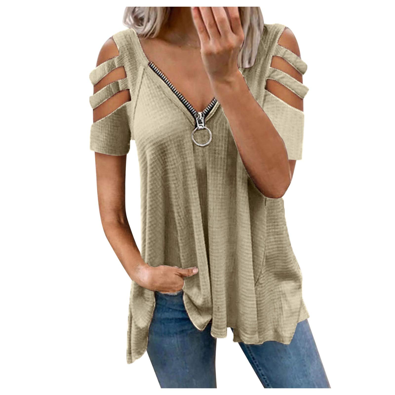 Women's Summer Short Sleeve V-Neck Tunic Top with Zipper & Cold Shoulder Design - Casual Fashion for Beach, Vacation and Everyday Wear