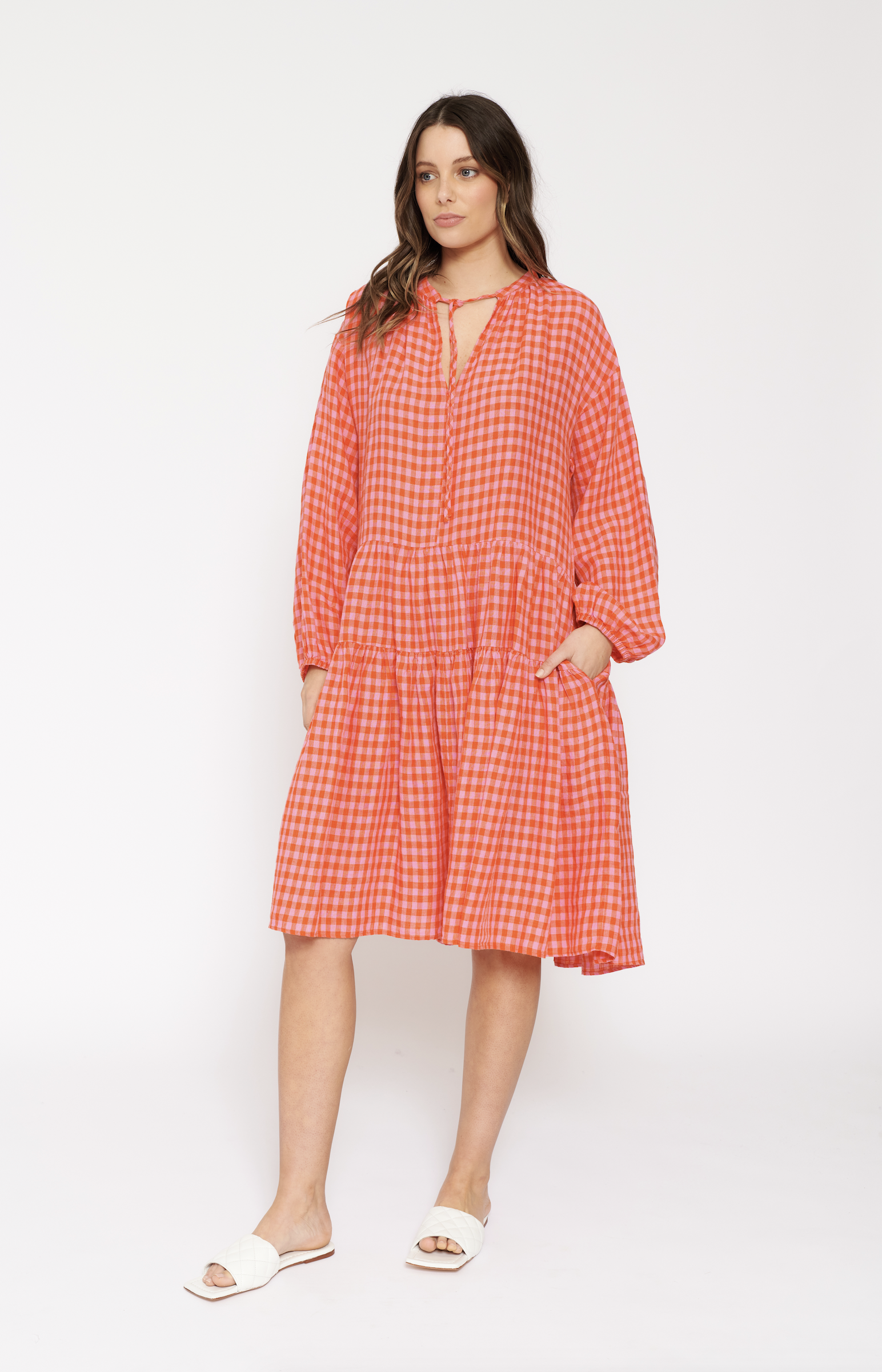 Amelia Linen Dress In Blush Gingham - Women's Summer Casual Flowy Dress for Beach, Vacation & Outdoor Activities