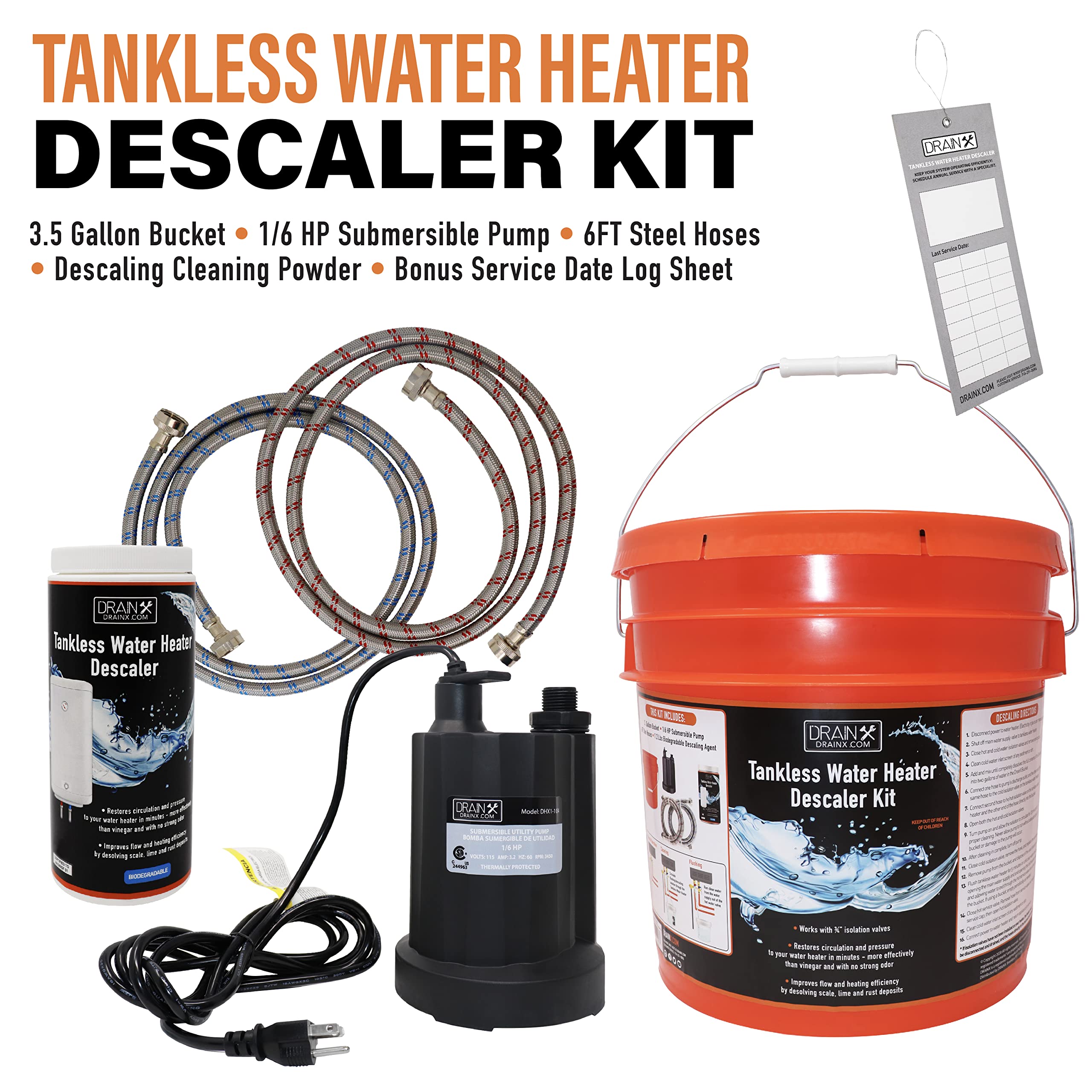 Tankless Water Heater Flush Kit with 1/6 HP Pump & Descaler - DrainX Professional Descaling System for Home Maintenance | Perfect for RV, Residential & Commercial Use