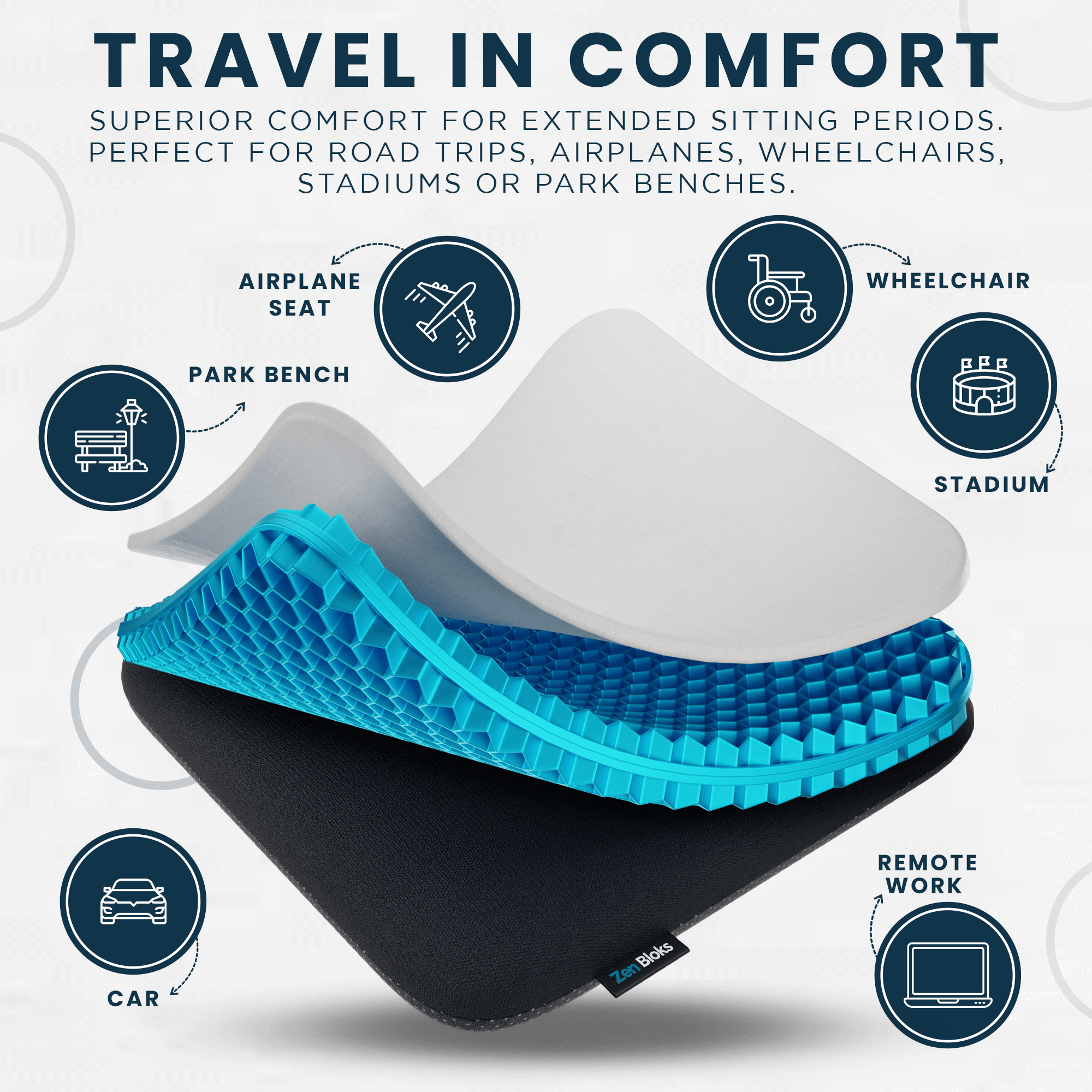 ZenBloks XL Gel Seat Cushion for Pressure Relief – Orthopedic Comfort for Office Chair, Car Seat & Wheelchair – Perfect for Long Sitting, Driving & Back Pain Relief
