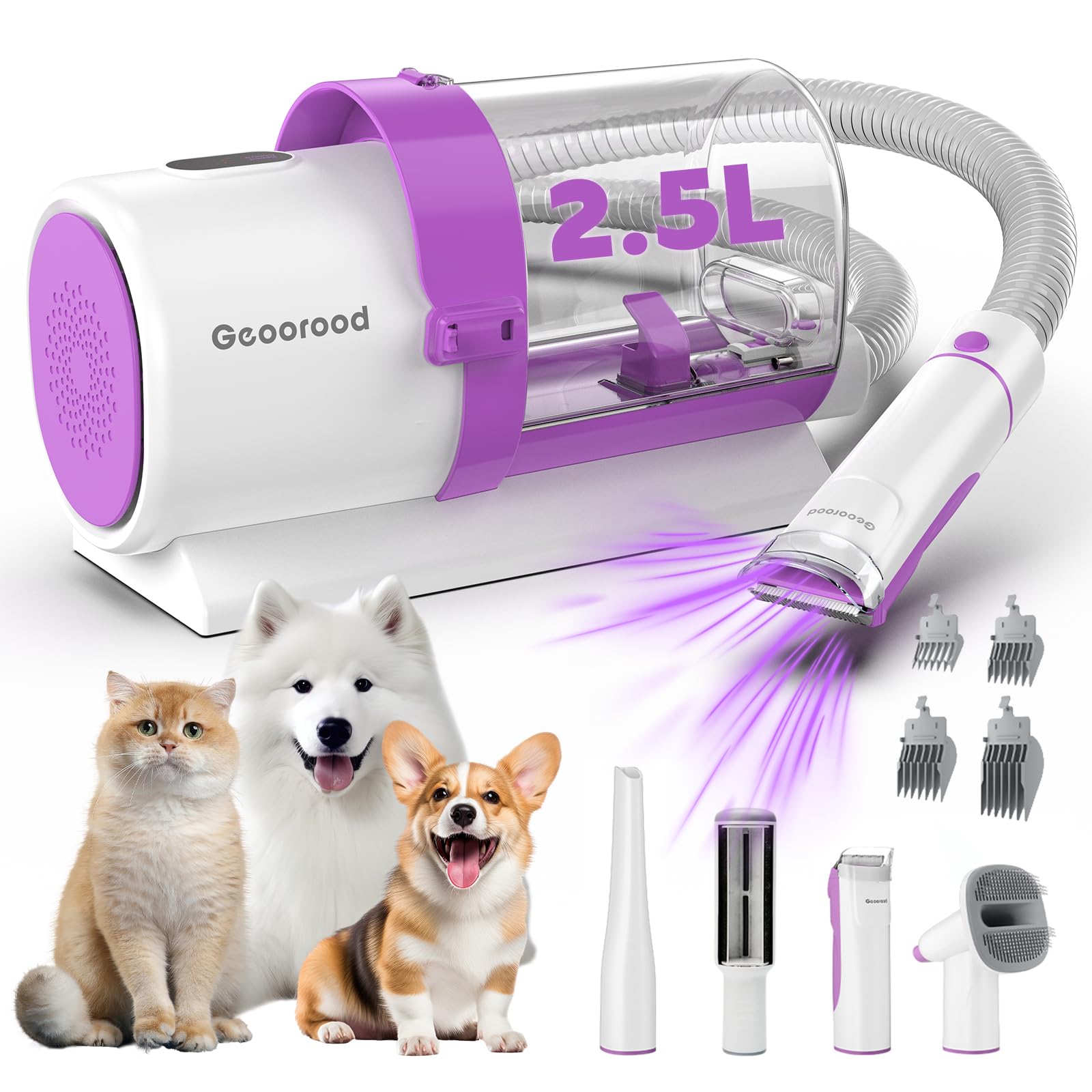 2.5L Large Capacity Pet Hair Vacuum & Grooming Kit with Clipper - Perfect for Shedding Dogs & Cats | Home Cleaning Tools for Pet Hair Removal | Ideal for Carpets, Furniture & Car Interiors (Purple/Pink)