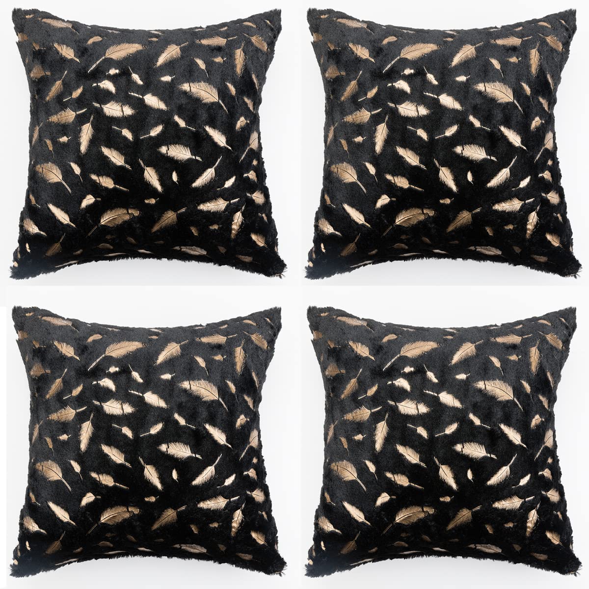 Decorative Fur Pillow Covers 18x18 Set of 4 - Black Gold Leaf for Couch & Bed - Farmhouse Decor