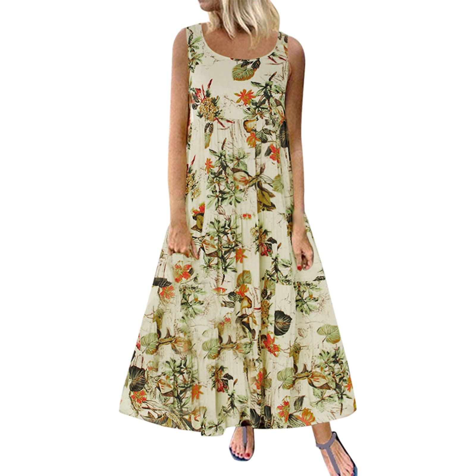 Women's Floral Print Casual Summer Dress - Round Neck Sleeveless Maxi Dress Plus Size, Comfy & Breathable for Beach, Vacation, and Everyday Wear
