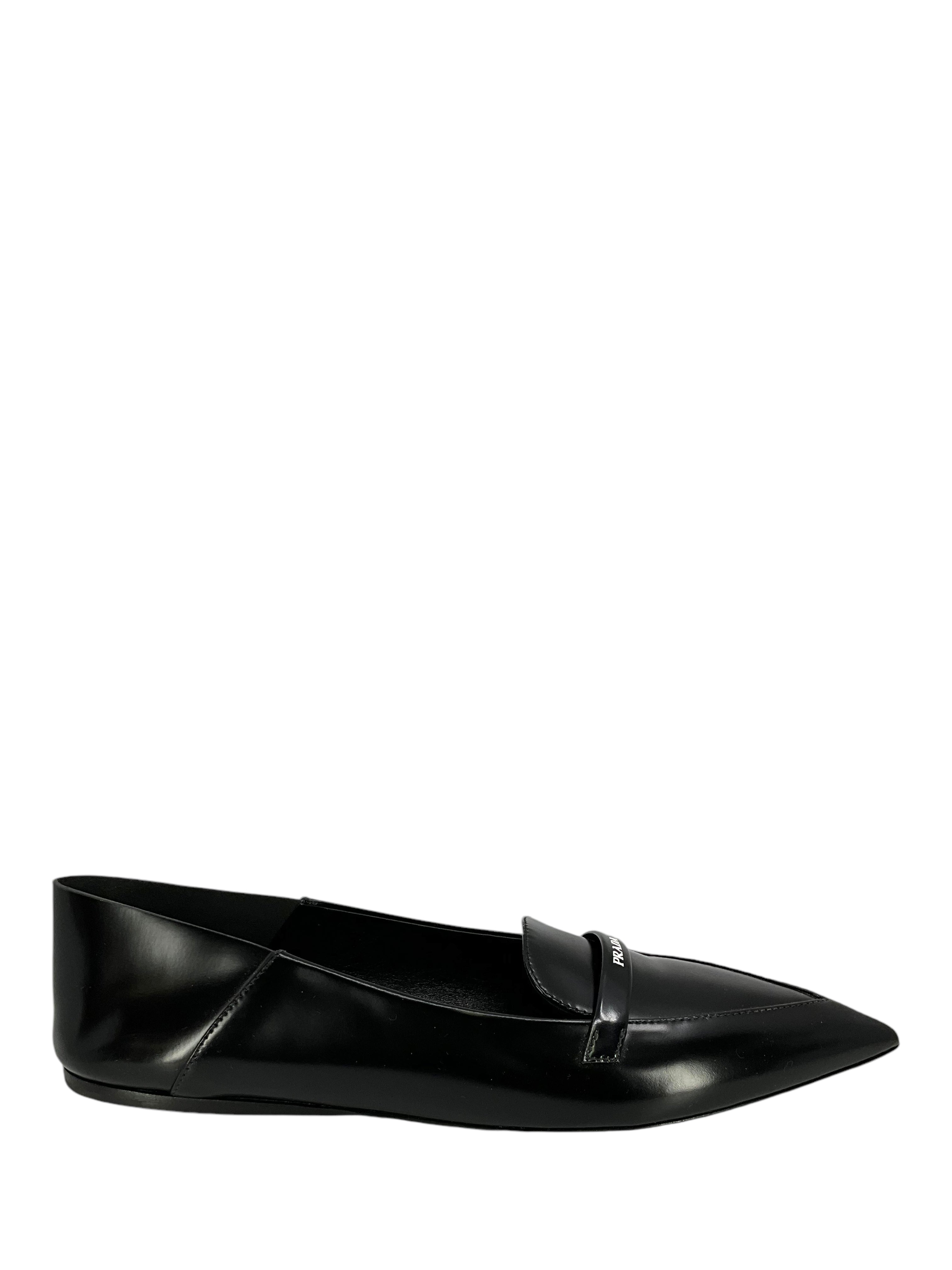 PRADA Leather Point Toe Logo Flats Women's Size 9.5 - Classic Luxury Ballet Flats for Office, Party & Everyday Wear