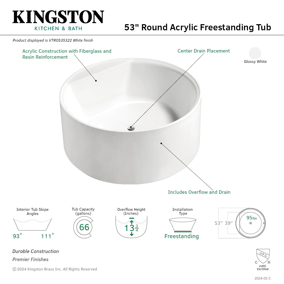 Aqua Eden VTRO535322 53-Inch Acrylic Round Freestanding Bathtub - Double Ended Design with Drain - Glossy White Finish - Perfect for Modern Bathrooms & Spa-Like Relaxation
