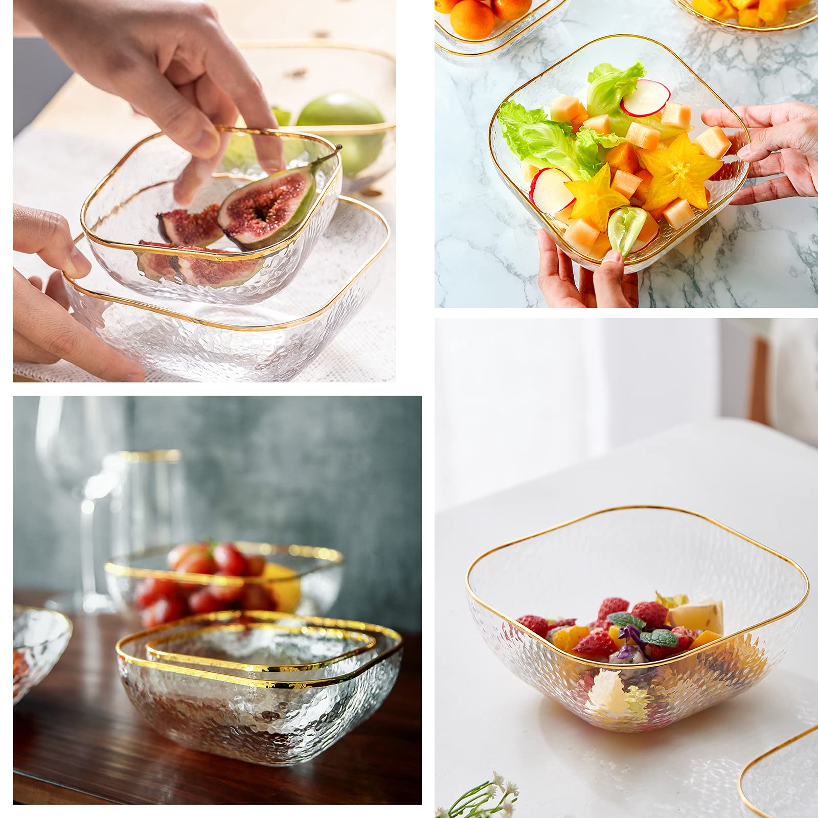 TOSSOW 2-Piece Square Glass Mixing Bowl Set - Transparent Serving Bowls for Salad, Fruit, Snacks, Sauces & Popcorn | Perfect for Kitchen Prep, Entertaining & Family Meals