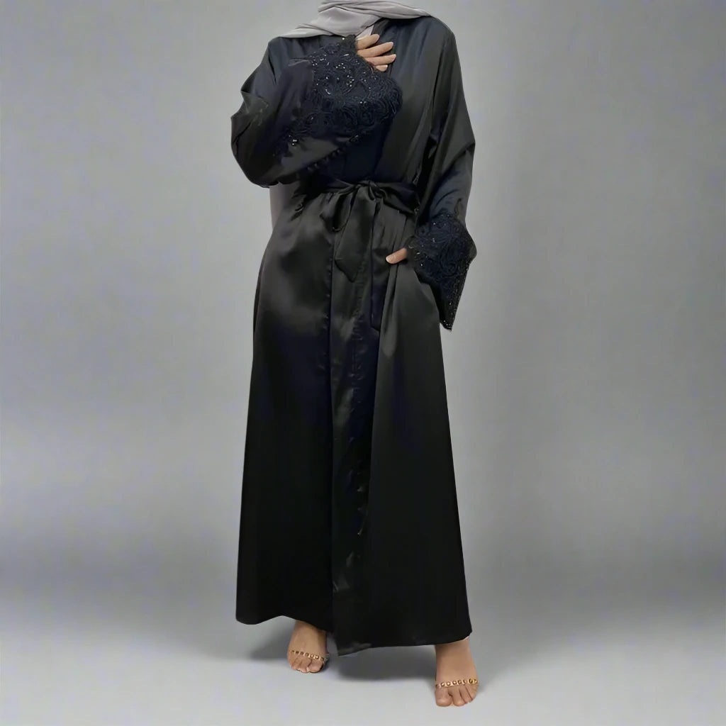Elegant Satin Embroidery Long Sleeve Open Abaya Dress for Muslim Women - Perfect for Prayer, Mosque Visits & Special Occasions