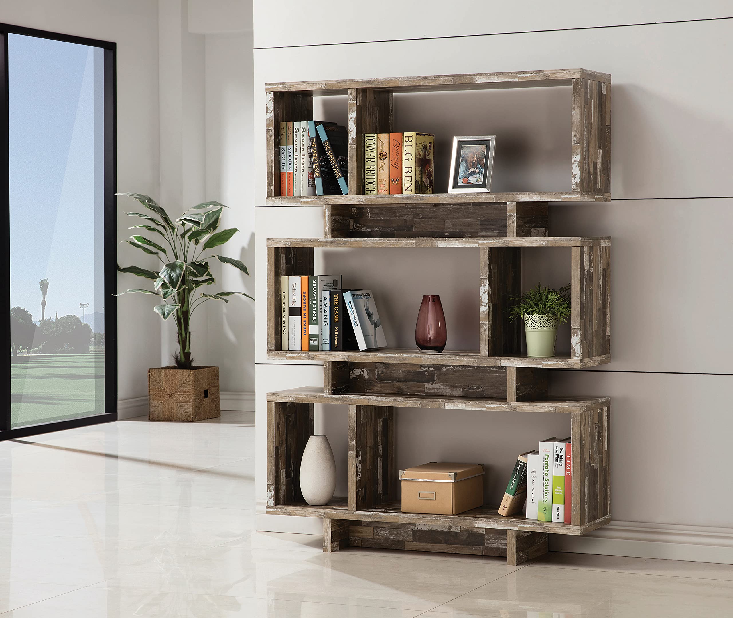 Modern 3-Tier Wooden Bookcase with Salvaged Cabin Design - Stylish Storage for Living Room, Home Office, and Bedroom Organization