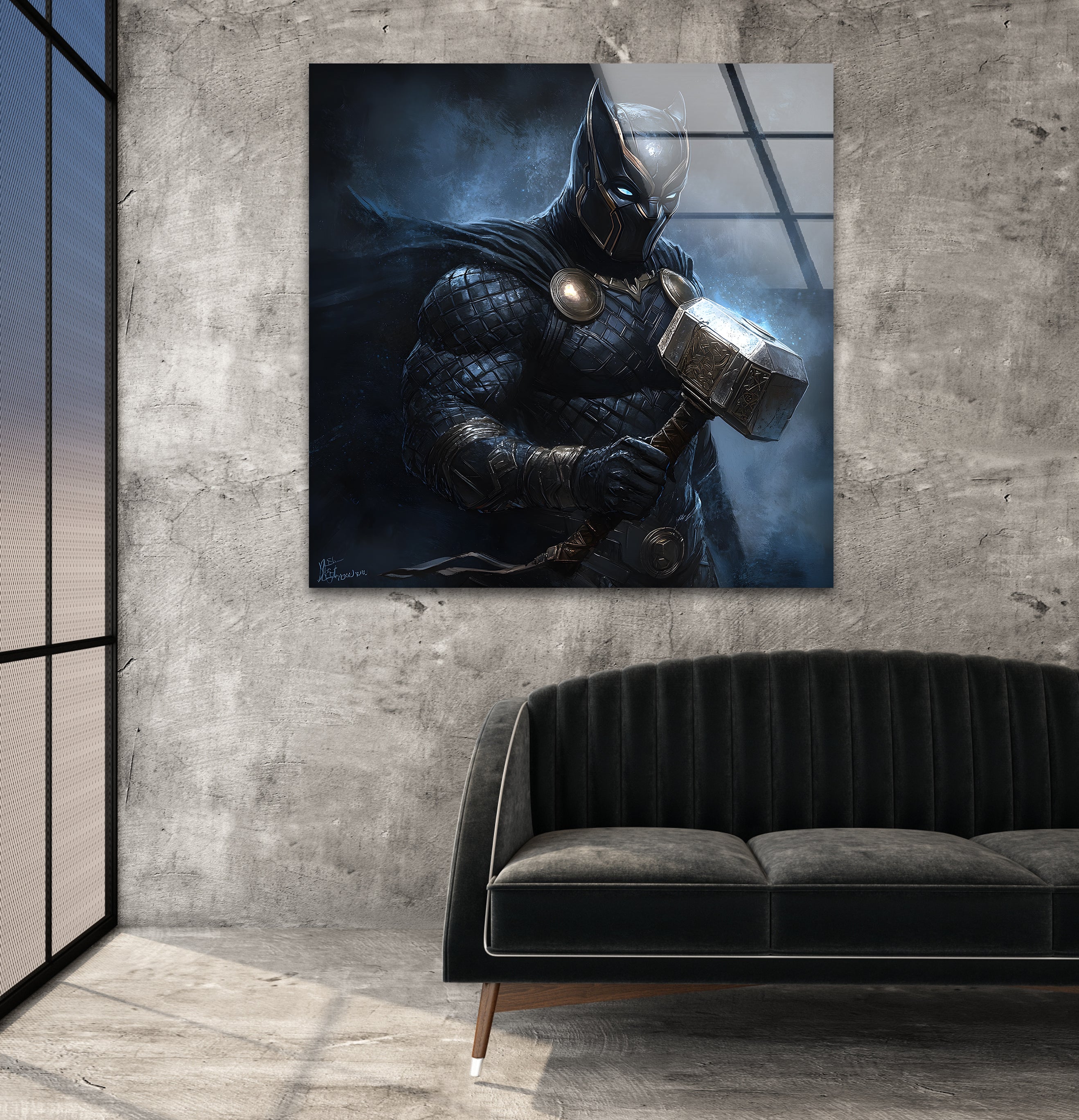 Marvel Black Panther Thor's Hammer Glass Wall Art - Superhero Home Decor for Living Room, Bedroom & Office