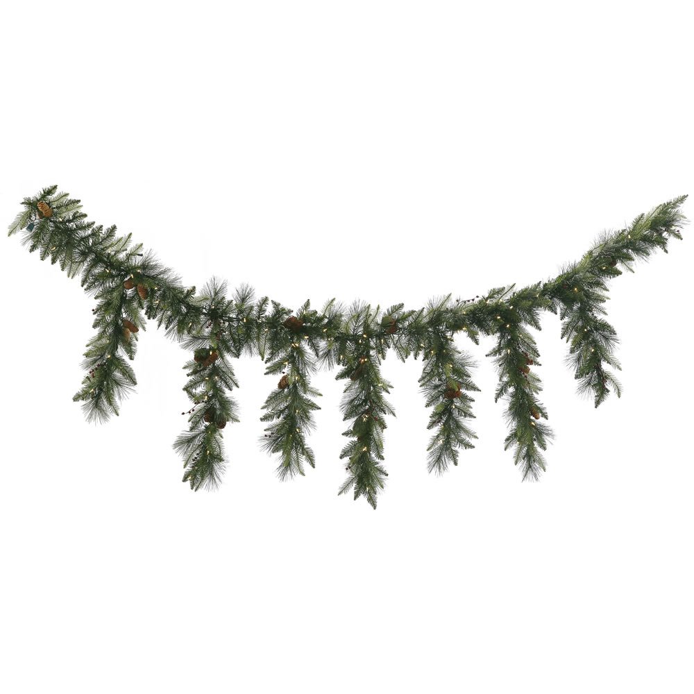 Vickerman 9-Foot Vallejo Mixed Pine & Berry LED Icicle Garland with 150 Warm White Lights - Christmas Tree Decor, Holiday Mantel & Window Decoration for Festive Home Decorating