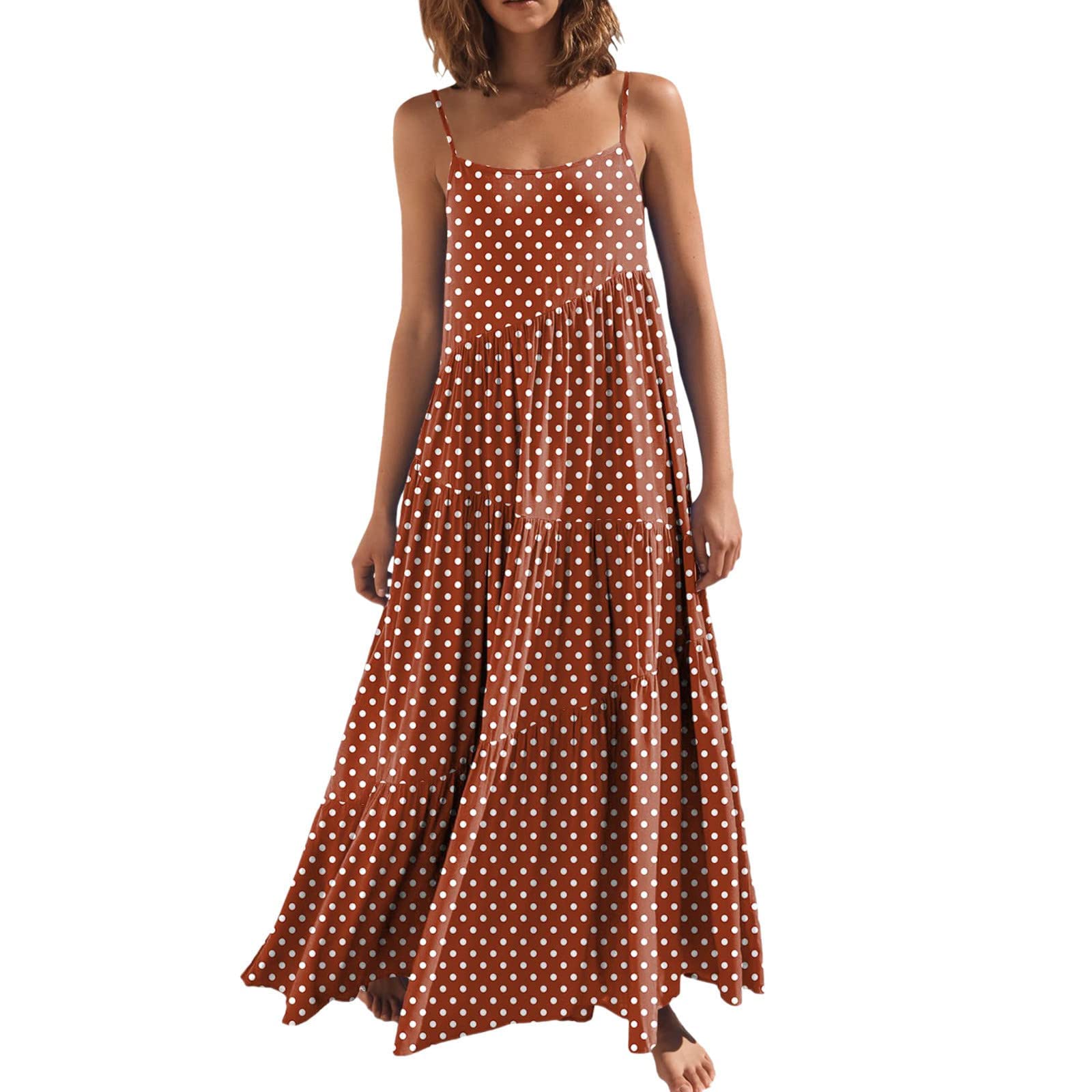 Women's Summer Maxi Polka Dot Dress - Sleeveless Spaghetti Strap Flowy Beach Sundress - Plus Size Long Dress for Vacation, Pool Party & Casual Outings