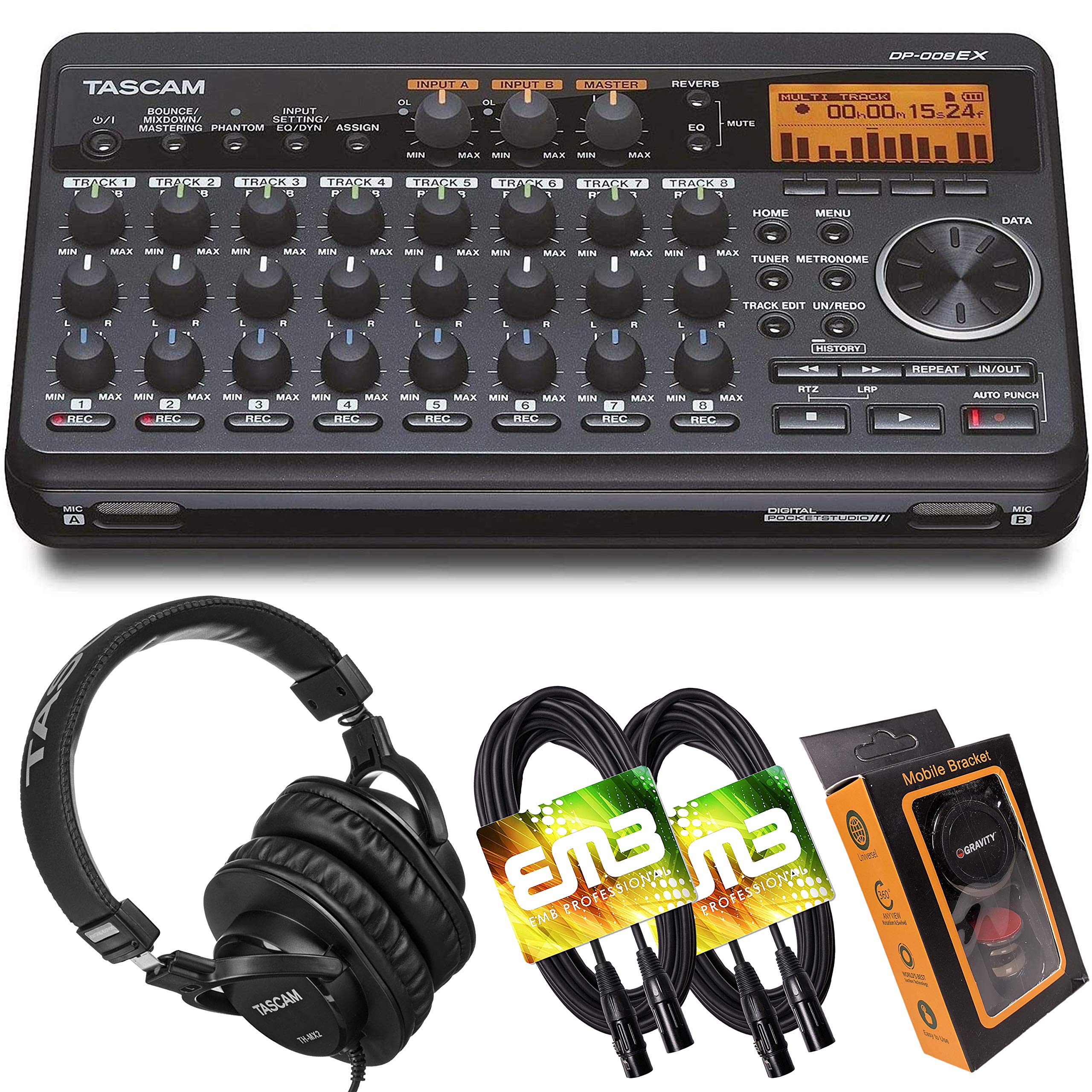 Tascam DP-008EX 8-Track Digital Audio Recorder with Pro Headphones, XLR Cables & Phone Holder - Portable Music Studio for Home Recording, Podcasting & Songwriting