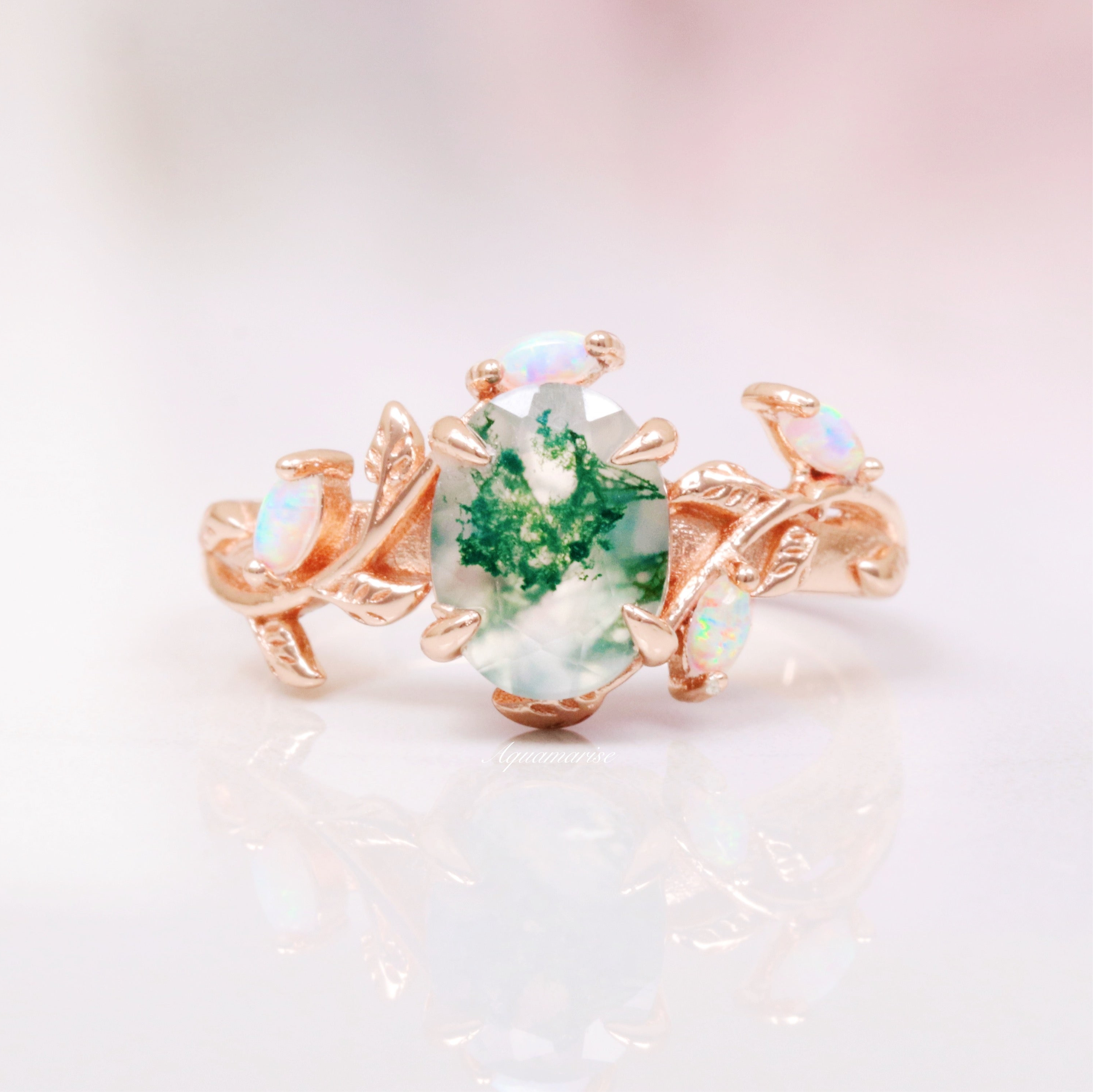 14K Rose Gold Vermeil Green Moss Agate & Opal Leaf Ring - Elegant Nature-Inspired Jewelry for Women, Perfect for Weddings, Parties & Everyday Wear