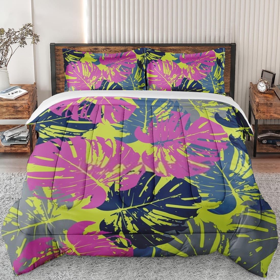 King Size Comforter Set - Tropical Purple Floral Bedding for Summer, Soft & Breathable for Kids & Adults, Vintage Leaf Design with 2 Pillowcases - Perfect for Bedroom Decor & Guest Room Styling
