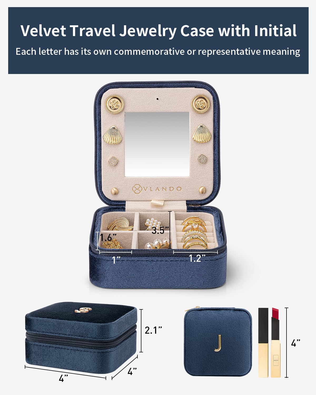 Personalized Initial Jewelry Box for Women - Engraved Letter J Dark Blue Travel Jewelry Case | Birthday Gifts for Best Friends, Friendship Gifts for Her | Perfect for Travel, Bridesmaid Proposal & Special Occasions