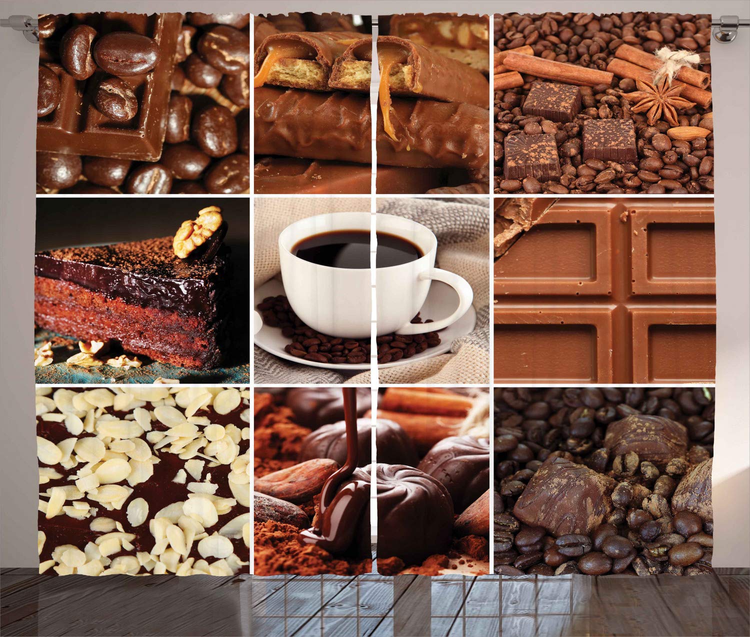 Ambesonne Brown Curtains - Coffee & Chocolate Themed Collage with Beans, Mugs, Snacks & Pastries - 2 Panel Set for Living Room & Bedroom (108