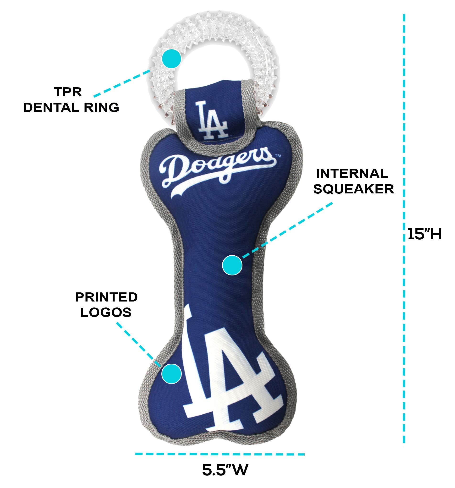 MLB Los Angeles Dodgers Bone-Shaped Dental Dog Tug Toy with Squeaker - Durable Chew Toy for Teething Puppies, Teeth Cleaning & Gum Health - Perfect for Playtime, Training & Interactive Fun with Your Pet