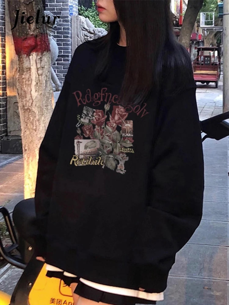 Black O-Neck Loose Office Hoodie for Women - Fashionable Pullover Sweatshirt with Spell Color Design | Chic Basic Women's Hoodie for Work, Casual Wear & Lounge