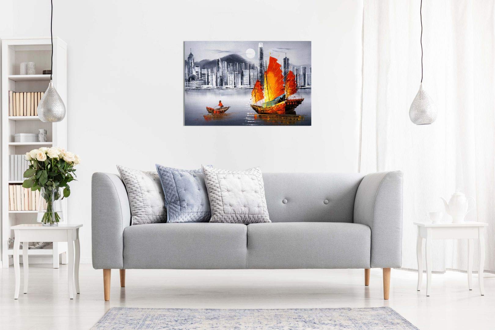 Hong Kong Harbour Boat Oil Painting Canvas Wall Art Print (36x24) - Stunning Home Decor for Living Room, Bedroom & Office