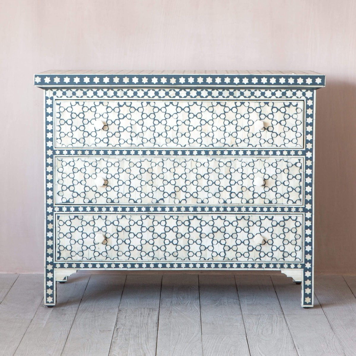 Handmade Star Design Bone Inlay Dresser - Luxury Vintage Wooden Chest of Drawers for Bedroom & Living Room Storage | Boho Chic Home Decor Furniture