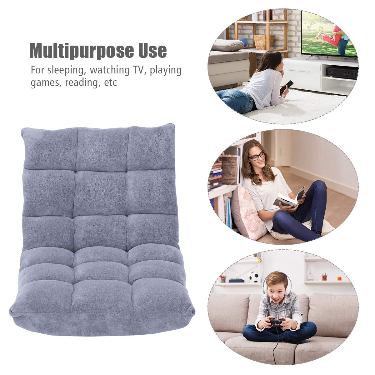 14-Position Adjustable Floor Folding Sofa Chair - Convertible Sleeper Bed & Gaming Recliner for Living Room, Bedroom - Comfortable Multi-Functional Furniture (Gray) | Perfect for Small Spaces, Movie Nights & Guest Accommodations