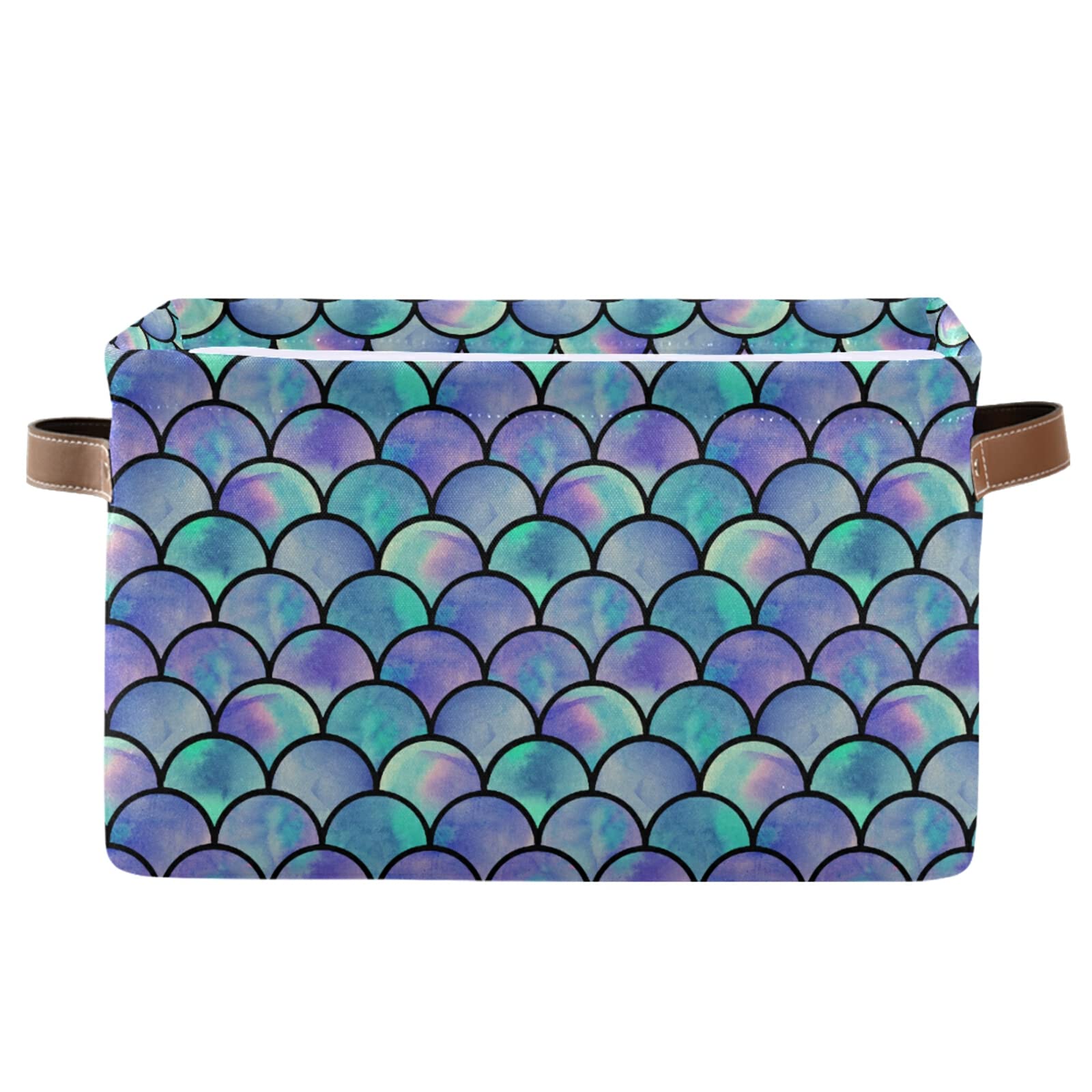 Rainbow Scales Mermaid Canvas Storage Bin with Handles - Rectangular Decorative Basket for Home Office, Nursery, Kids Toys, Books, Closet & Laundry Organization - Perfect Gift Basket for Birthday & Housewarming