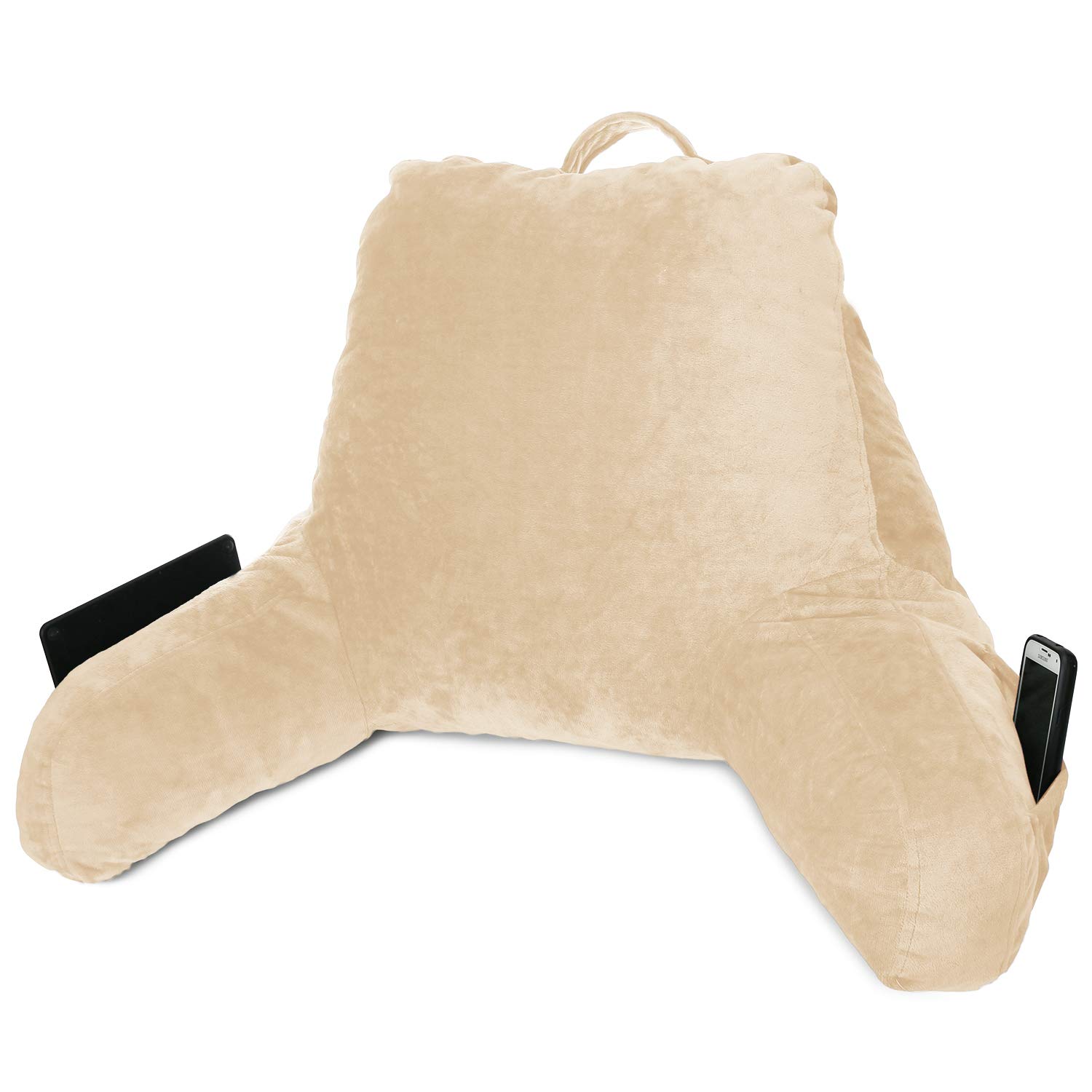 **Clara Clark Kids Reading Pillow - Memory Foam Back Support Pillow for Sitting Up in Bed, Beige Cream Gaming Pillow with Arms & Pockets - Perfect for Reading, Gaming & Relaxing in Bed**