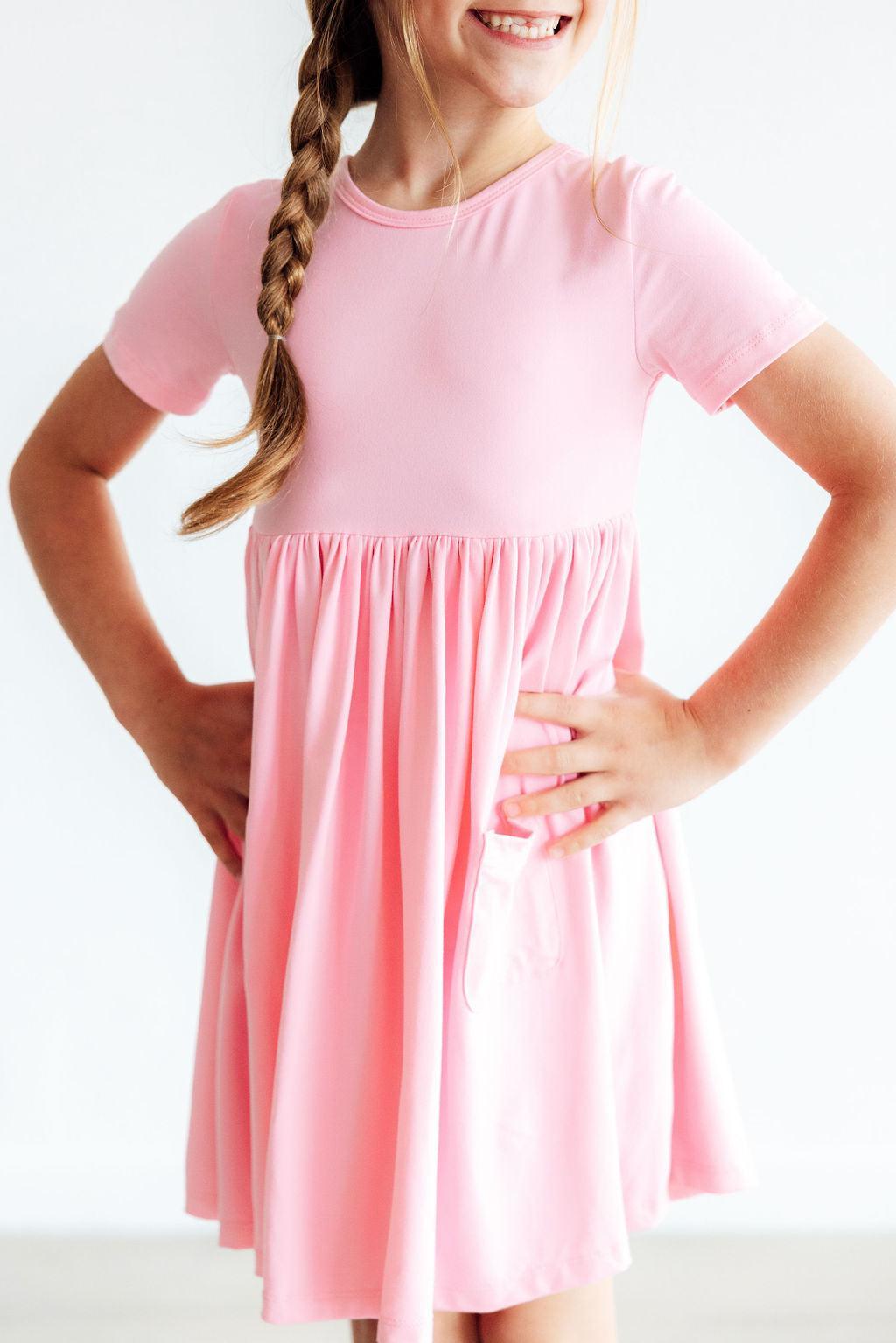Bubblegum Pink Short Sleeve Pocket Twirl Dress for Women - Summer Casual Flowy Swing Dress for Beach, Party & Vacation