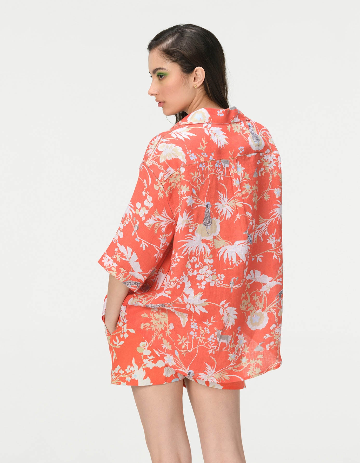 Stylish Oversized Linen Bush Shirt in Coral - Perfect for Summer Outings & Beach Vacations