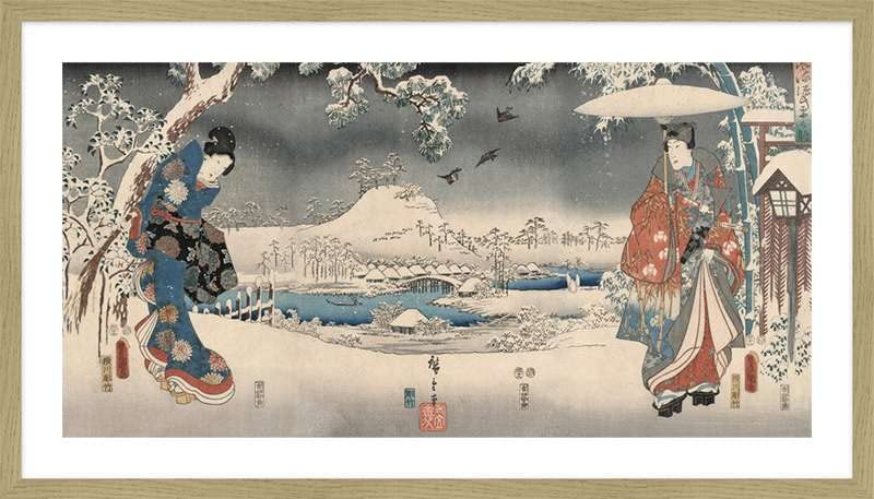 Japanese Art Print - Ando Hiroshige's Snow Landscape with Woman & Man (1853) - Framed Oak Wood Wall Decor - Perfect for Living Room, Bedroom & Office Aesthetics