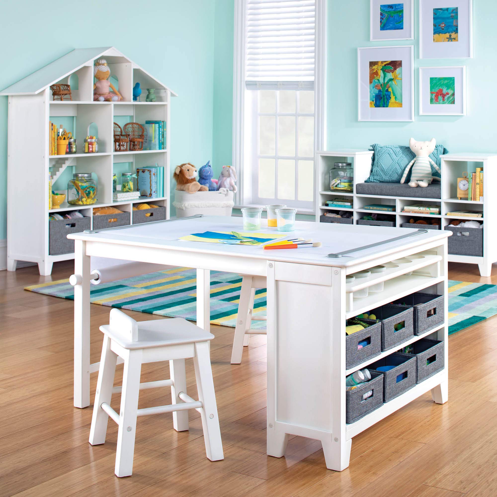 Martha Stewart Kids' Art Table and Chair Set - Creamy White | Wooden Play Table for Arts & Crafts, Coloring Desk with Paint Cups, Paper Roll & Storage Bins | Perfect for Preschool Learning, Creative Play & Home Classroom Activities