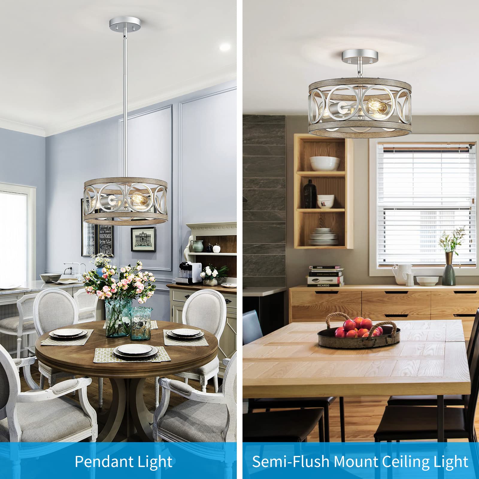 Modern Adjustable Height Pendant Light - Brushed Nickel & Wood Grain Metal 13