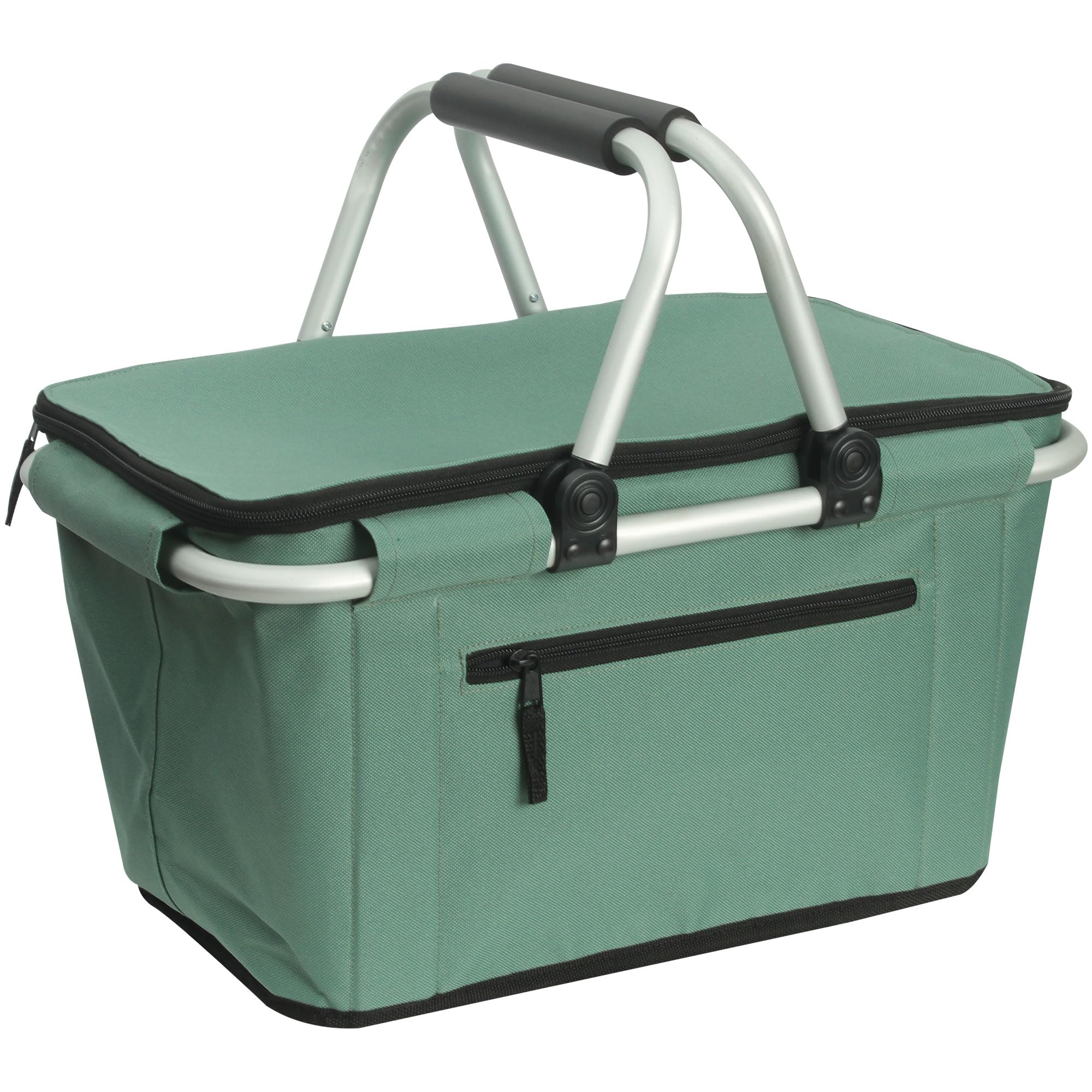 SIYUAN 27L Collapsible Picnic Basket with Lid & Handles - Large Insulated Cooler Grocery Bag for Shopping, Market, Beach & Outdoor Activities - Reusable & Foldable (Green)