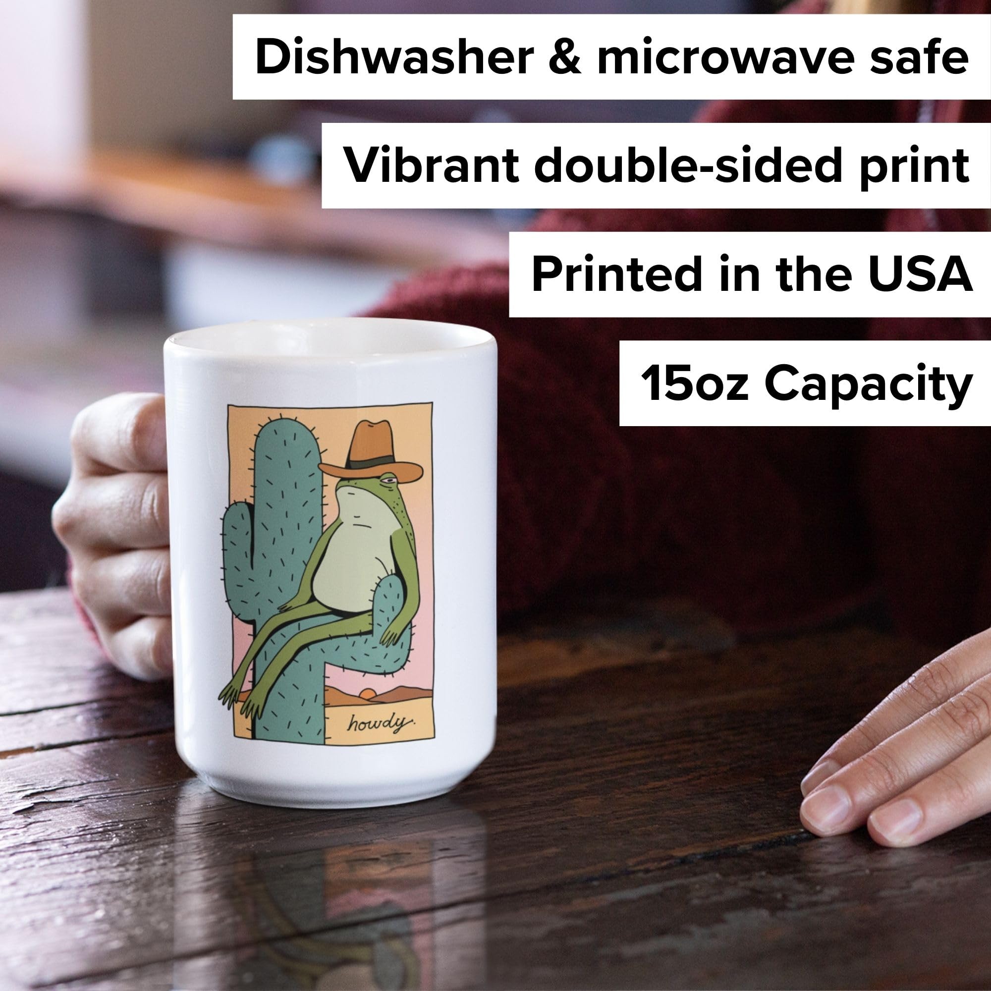 LookHUMAN 15oz Ceramic Western Coffee Mug - Funny Howdy Frog Cowboy Design, Double-Sided Print, Dishwasher Safe | Novelty Gift for Cowboy & Western Lovers | Perfect for Home, Office, or Ranch Use