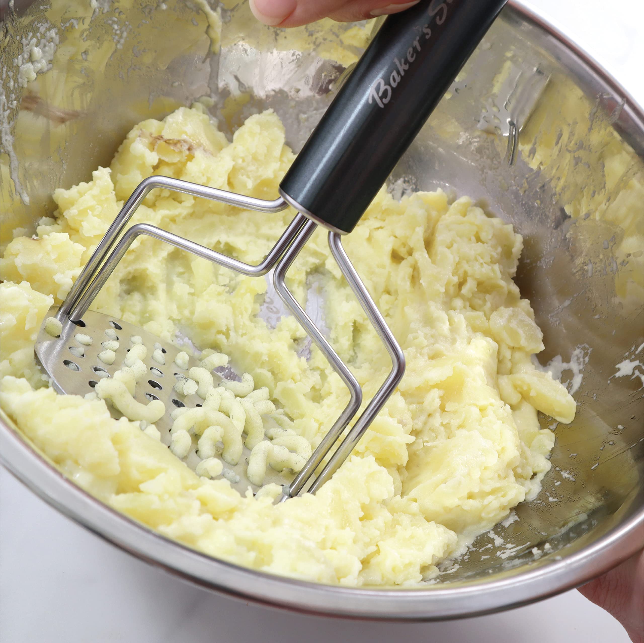 Baker's Secret Stainless Steel Potato Masher & Ricer - Heavy Duty Kitchen Tool with Ergonomic Black Handle - Perfect for Mashing Potatoes, Vegetables & Making Baby Food