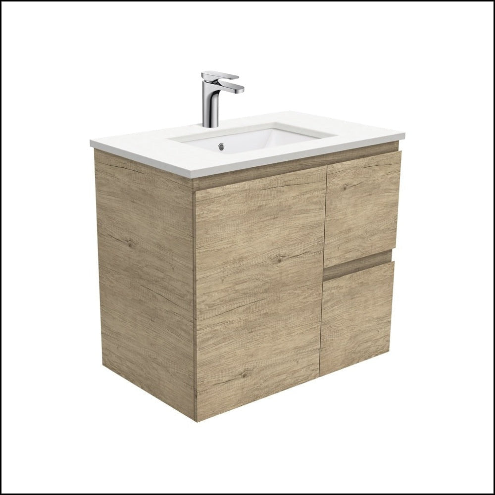 Fienza Crystal Pure SC75SR 750mm Undermount Stone Top Bathroom Vanity with Scandi Oak Finish - Wall Hung Design with Right Side Drawers - Perfect for Modern and Scandinavian Style Bathrooms