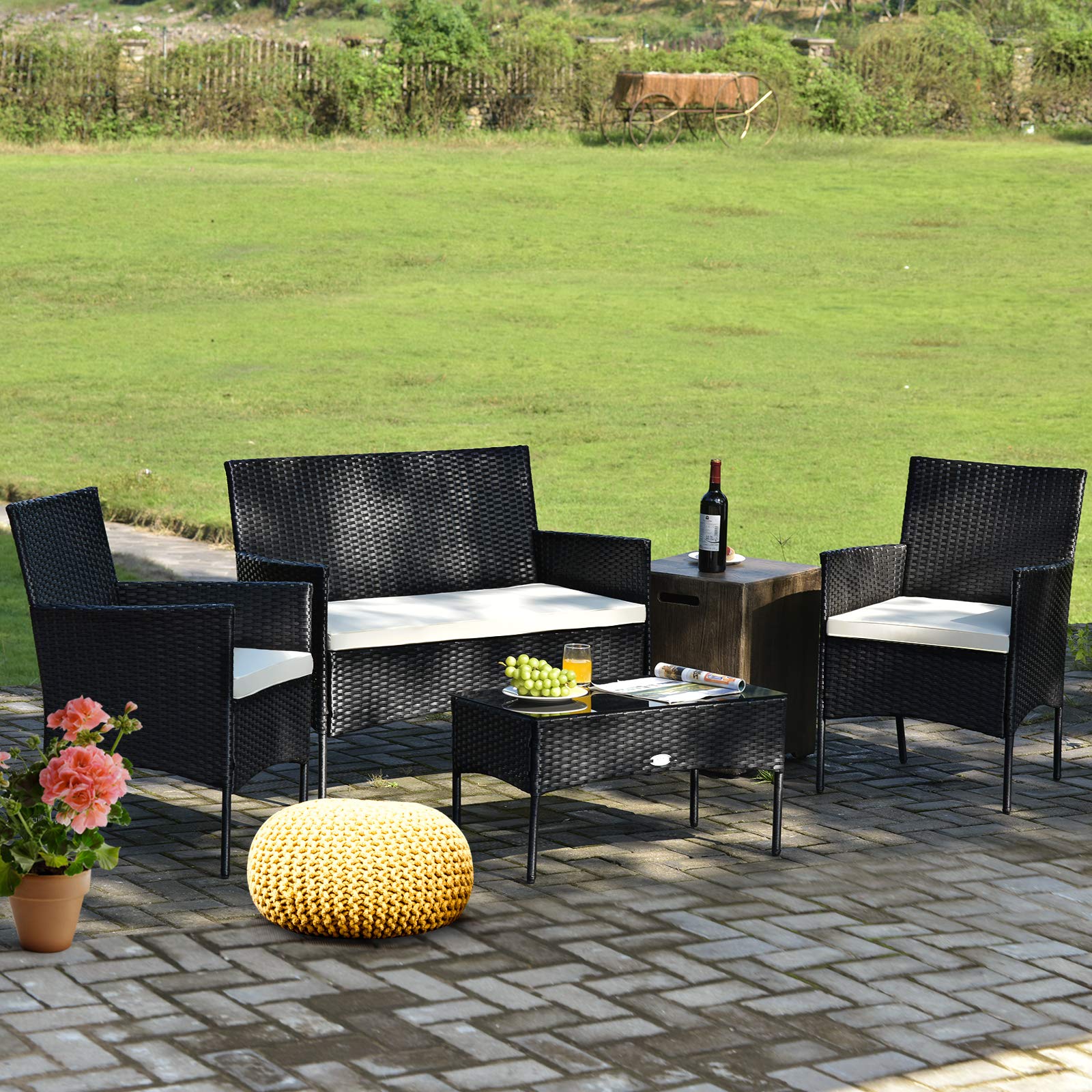 Goplus 4-Piece Rattan Patio Furniture Set with Cushions & Tempered Glass Coffee Table - Outdoor Garden Sofa Set for Balcony, Backyard, Poolside (Black) - Perfect for Relaxing, Entertaining & Sunbathing