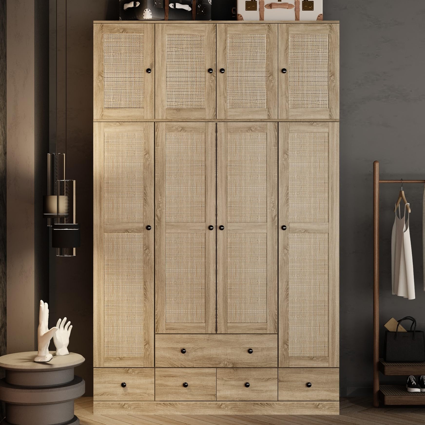 Hitow 8-Door Rattan Wardrobe Cabinet with 5 Drawers & Hanging Rod - 18.8