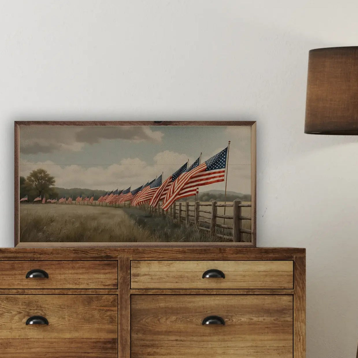Flags In Field Wood Framed Print - Rustic Farmhouse Wall Art Decor for Living Room, Bedroom & Office - Vintage American Landscape Painting on Canvas