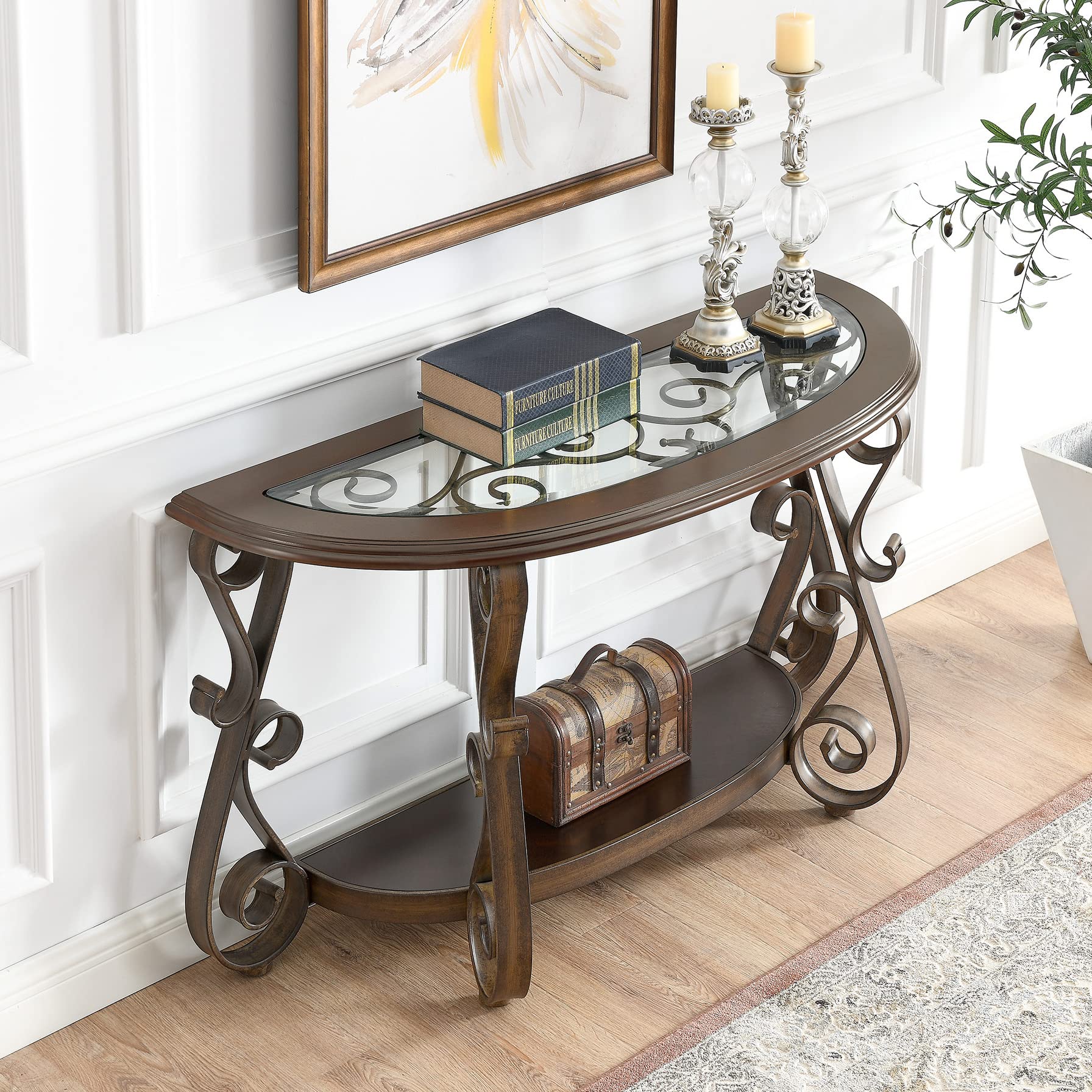 Goujxcy Half Moon Console Table - Traditional Accent Sofa Side Table with Glass Top & Metal Legs, Narrow Half Round Entryway Table for Hallway, Living Room & Wall Decor | Perfect for Small Spaces, Foyers & Apartment Decor