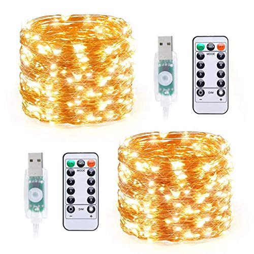 TingMiao 33ft 100 LED Copper Wire Fairy Lights - 8 Modes USB Powered String Lights with Remote Control, Warm White (2 Pack) - Perfect for Wedding, Party, Home, Christmas & Indoor/Outdoor Decoration