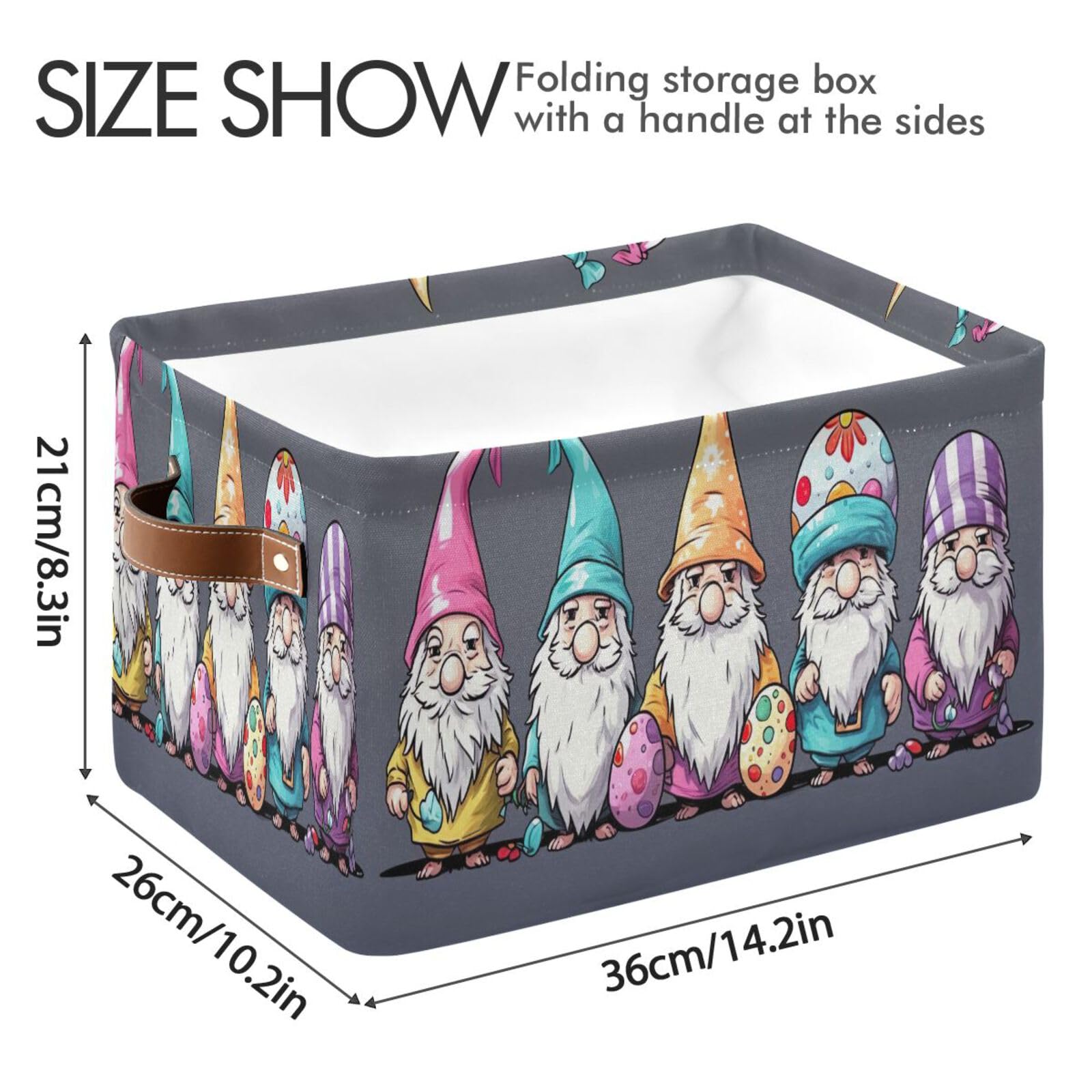 Qilmy Easter Gnome Storage Basket 2 Pack - Collapsible Canvas Rectangular Bin with Leather Handles for Closet, Office, Nursery & Home Organization | Perfect for Holiday Decor, Toy Storage & Seasonal Display