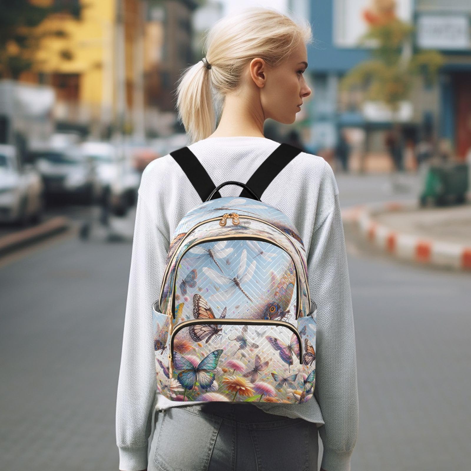 ODAWA Anti-Theft Mini Backpack for Women - Stylish Butterfly & Dragonfly Design, Lightweight Travel Backpack & Laptop Bag (Fits 15.6