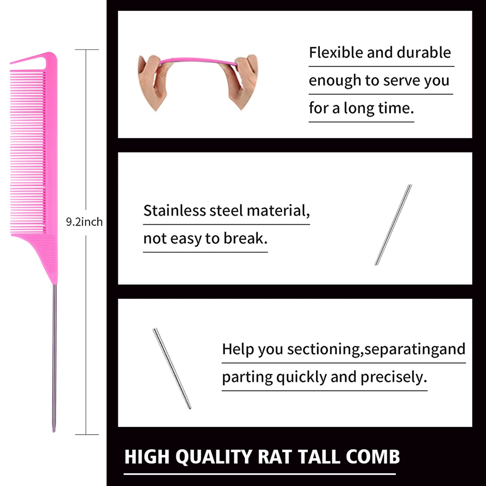 3-Piece Hair Styling Comb Set - Teasing Brush, Rat Tail Comb & Edge Brush for Smoothing, Detangling & Styling - Perfect for Women's Hair Care, Updos & Edge Control (Pink) - Salon Quality Tools for Home & Professional Use