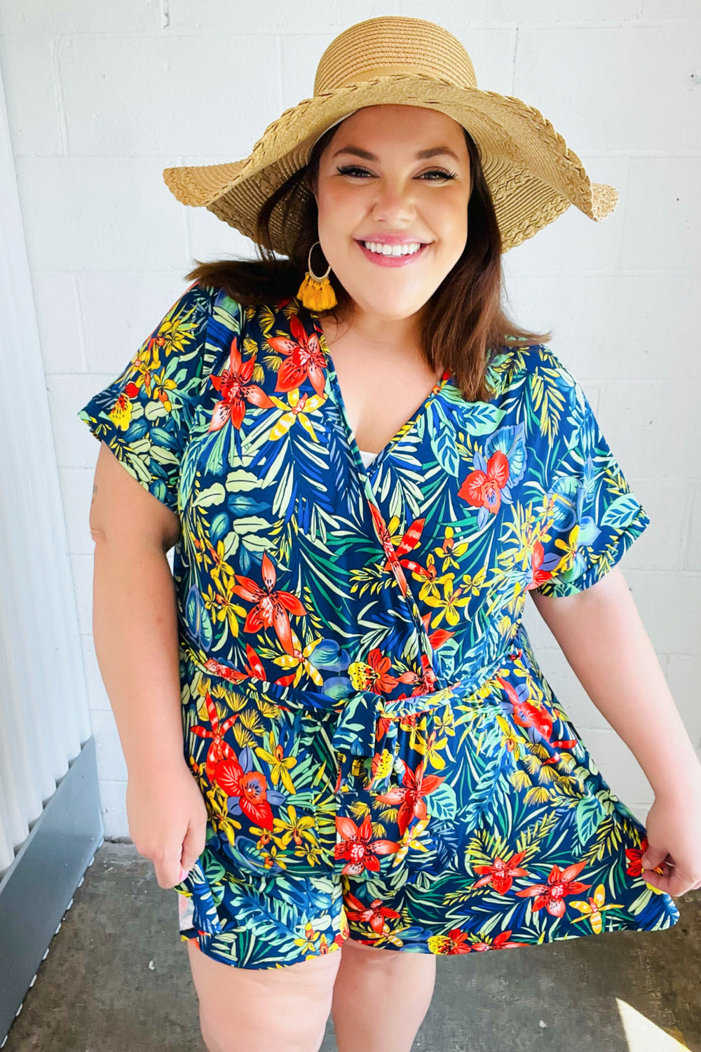 Navy Blue Tropical Floral Print Surplice Romper for Women - Summer Beach Vacation, Pool Party & Casual Outfit