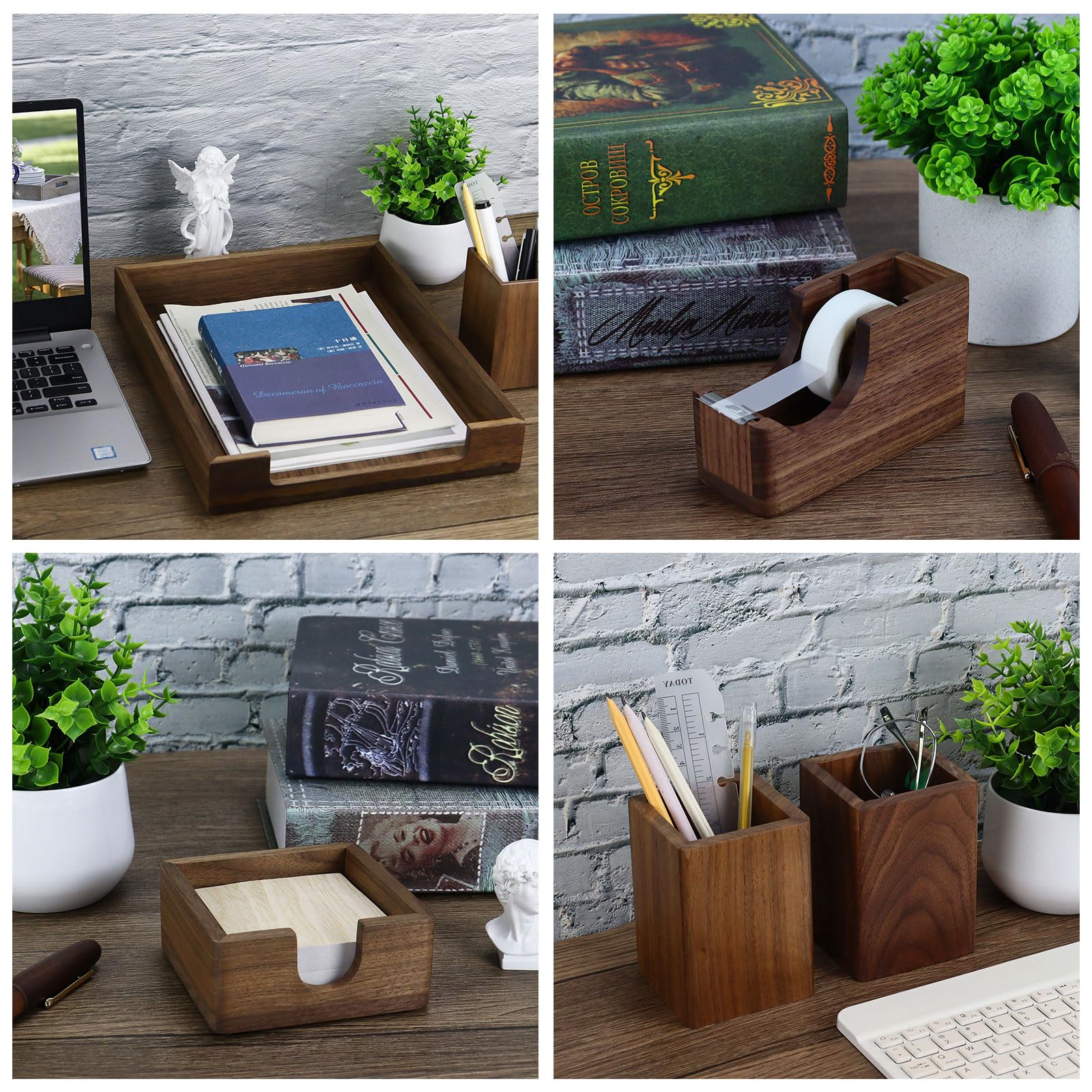 Premium Walnut Wood Desk Organizer Set - 4-Piece Office Accessories with Letter Tray, Pen Holder, Sticky Note Holder & Tape Dispenser for Home & Office Organization | Perfect for Workstation, Study Desk & Gift Idea